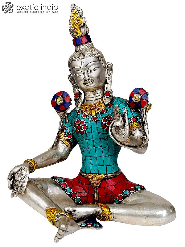 10" Saviour Goddess Green Tara (Tibetan Buddhist Inlay Statue) In Brass | Handmade | Made In India