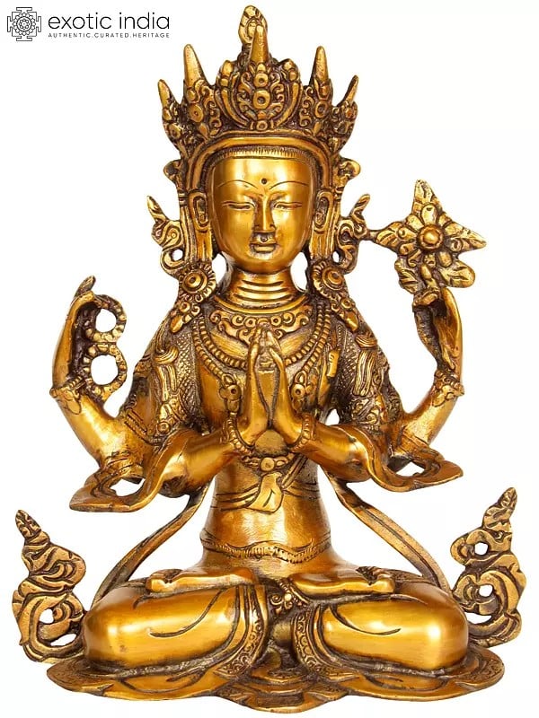 10" Chenrezig Brass Sculpture (Shadakshari Lokeshvara) | Handmade Tibetan Buddhist Deity Idols | Made in India