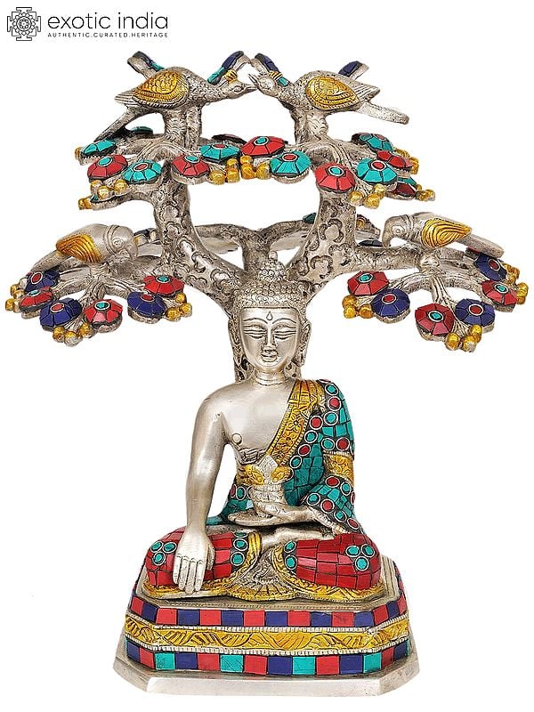 11" The Buddha Under the Bodhi-Tree (Inlay Statue) In Brass | Handmade | Made In India