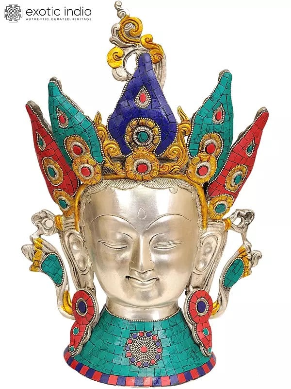 15" Crown Tara Head (Tibetan Buddhist Inlay Statue) In Brass | Handmade | Made In India