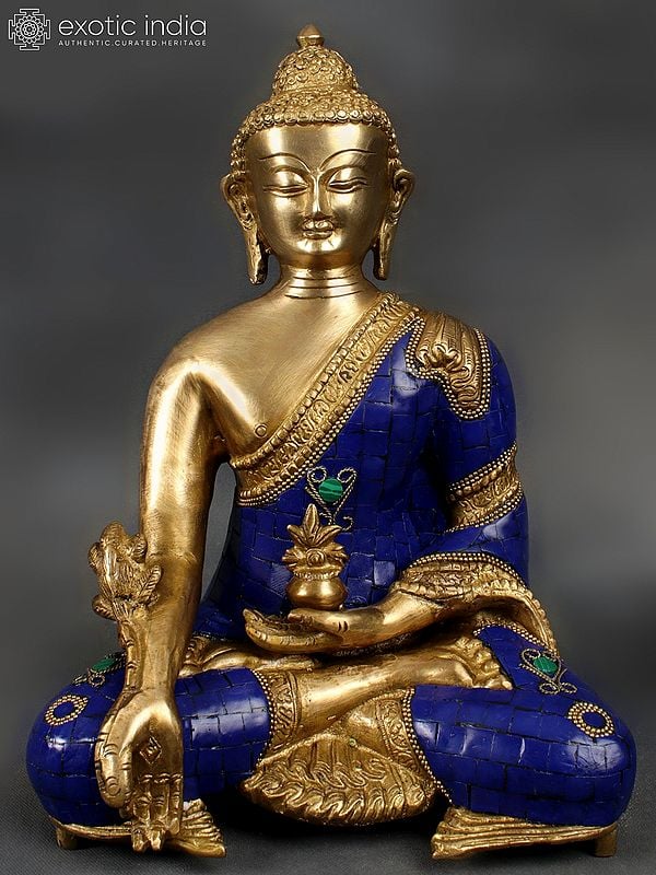 11" Tibetan Buddhist Deity Lapis Buddha of Healing In Brass