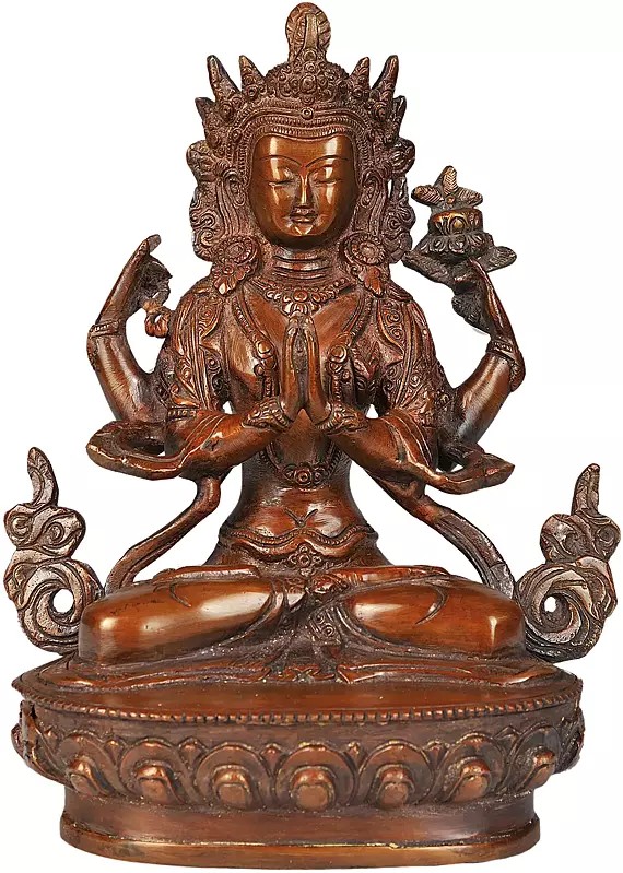8" Buddhist Deity Chenrezig (Shadakshari Lokeshvara) Brass Statue | Handmade | Made in India