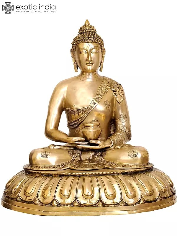 28" Large Size Lord Buddha with Pindapatra (Robes Decorated with Auspicious Symbols) In Brass | Handmade | Made In India