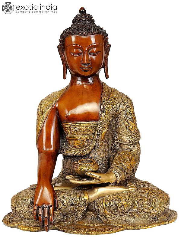 16" Shakyamuni Buddha, Ashtamangalas on His Lifelike Drape | Handmade Brass Statue