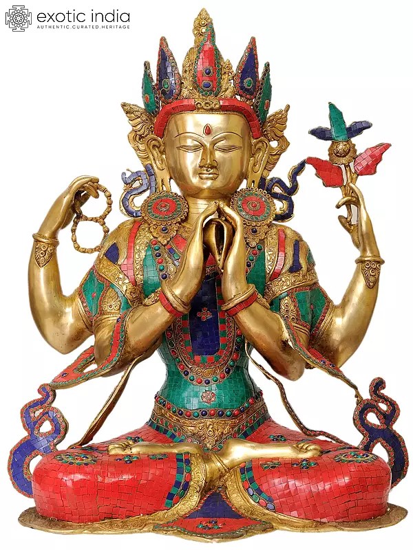 31" Large Size Chenrezig (Shadakshari Lokeshvara) in Brass | Tibetan Buddhist Deity Idol