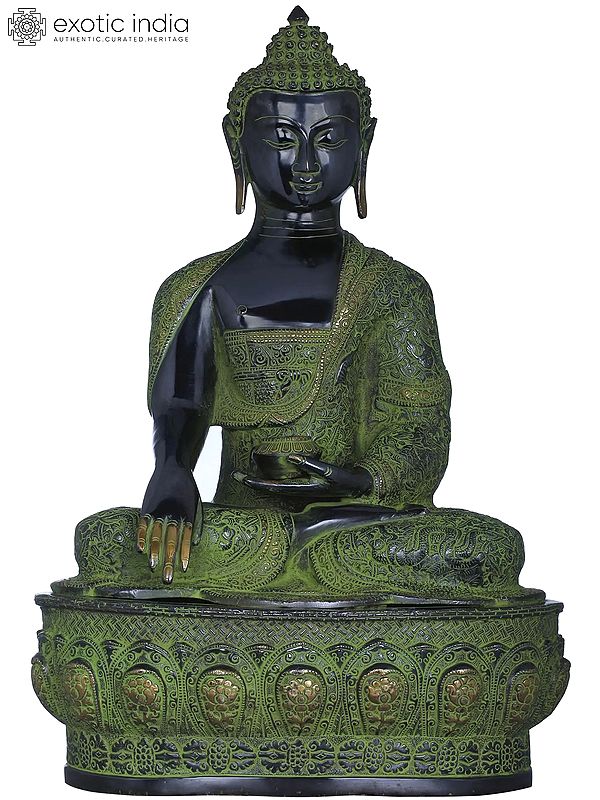 21" Lord Buddha in Bhumisparsha Mudra (Robes Decorated with Auspicious Symbols, Dharmachakra, Deers,  Birds and Dragons etc.) In Brass | Handmade | Made In India