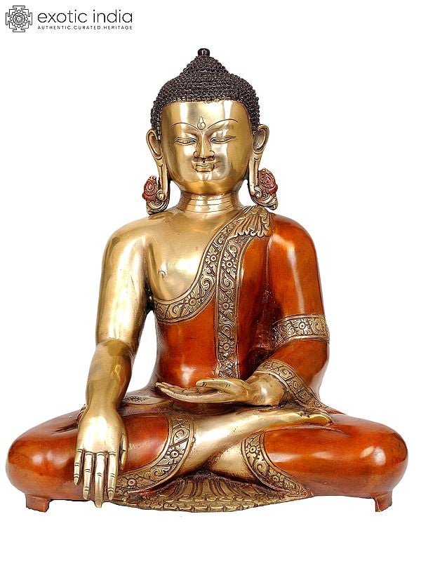 14" Lord Buddha in Mara Vijay Mudra Wearing an Orange Robes In Brass | Handmade | Made In India