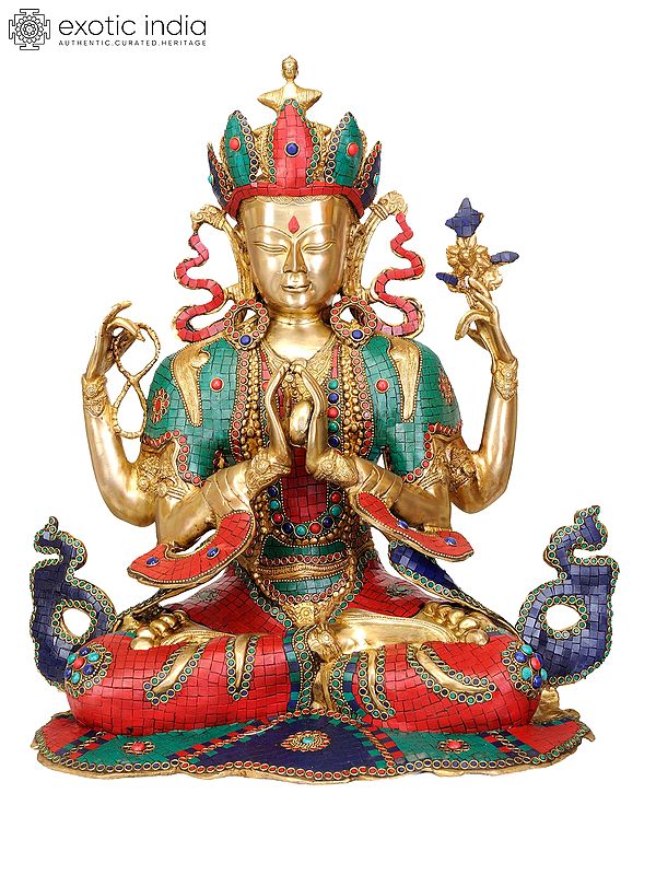 22" Tibetan Buddhist Deity- Chenrezig (Shadakshari Lokeshvara) Inlay Statue In Brass | Handmade | Made In India