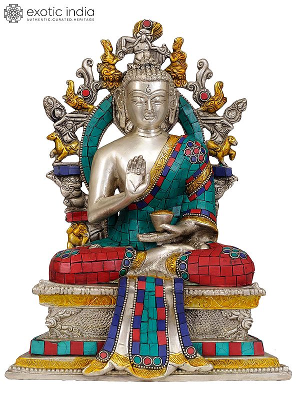 11" Lord Buddha Seated on Six-ornament Throne of Enlightenment In Brass | Handmade | Made In India