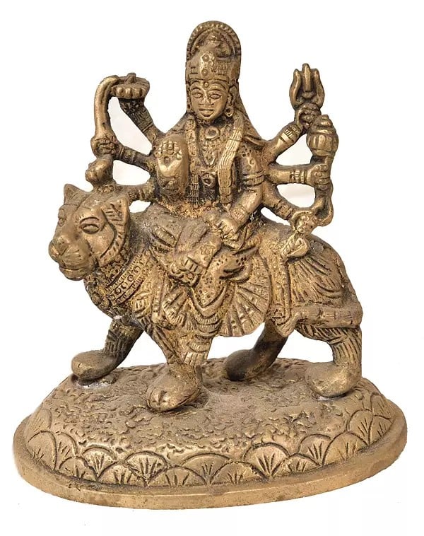 Small Brass Goddess Durga Seated on Lion