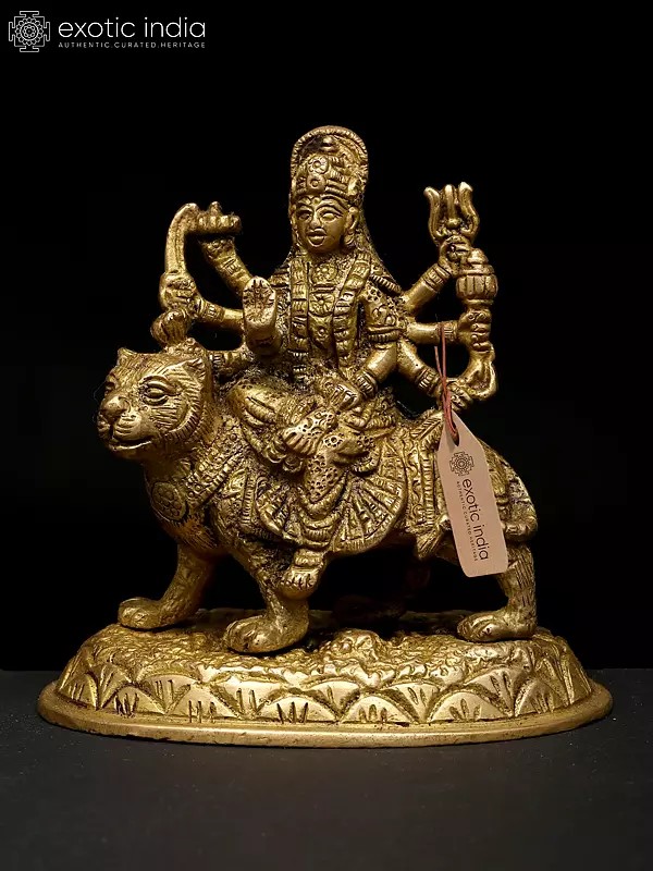 Small Brass Goddess Durga Seated on Lion