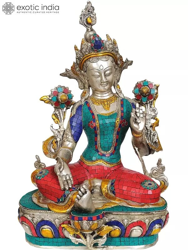 10" Tibetan Buddhist Saviour Goddess Green Tara In Brass | Handmade | Made In India