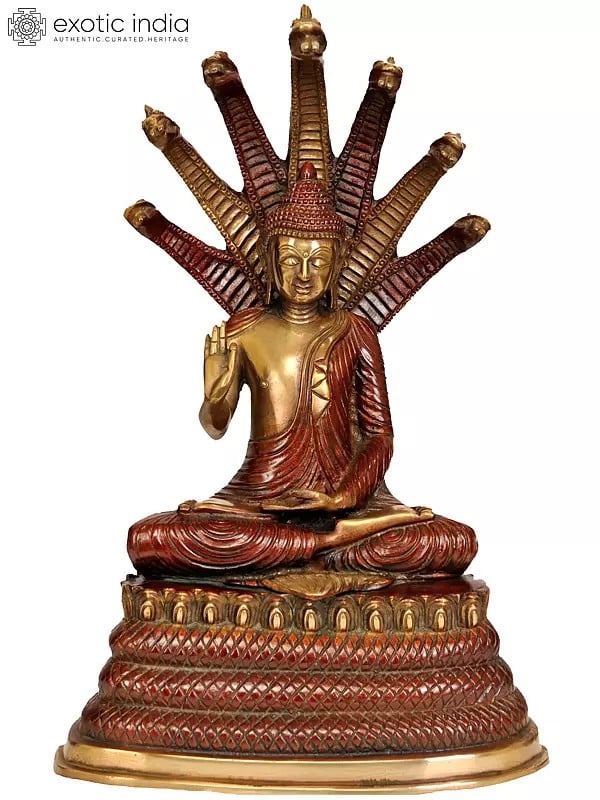 15" Buddha Under Serpent Muchalinda In Brass | Handmade | Made In India