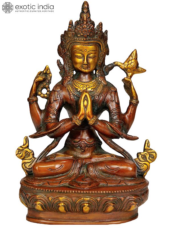 8" Tibetan Buddhist Deity- Chenrezig (Four Armed Avalokiteshvara) In Brass | Handmade | Made In India