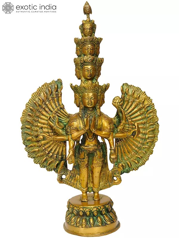 14" Tibetan Buddhist Deity Eleven Headed Thousand Armed Avalokiteshvara In Brass | Handmade | Made In India