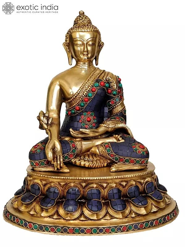 13" Lapis Buddha of Healing Idol in Brass | Handmade Buddhist Deity Statues | Made in India