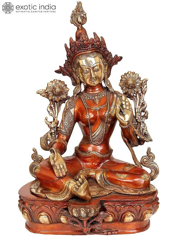 19" Tibetan Buddhist Saviour Goddess Green Tara In Brass | Handmade | Made In India