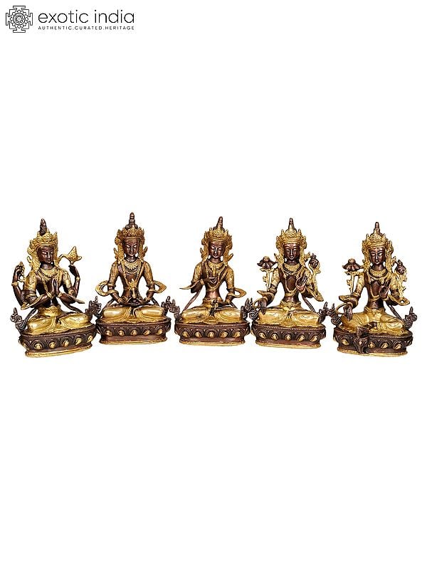 8" Tibetan Buddhist Deities Chenrezig, Amitabha, Vajrasattva, White Tara and Green Tara (Set of 5 Sculptures) In Brass | Handmade | Made In India