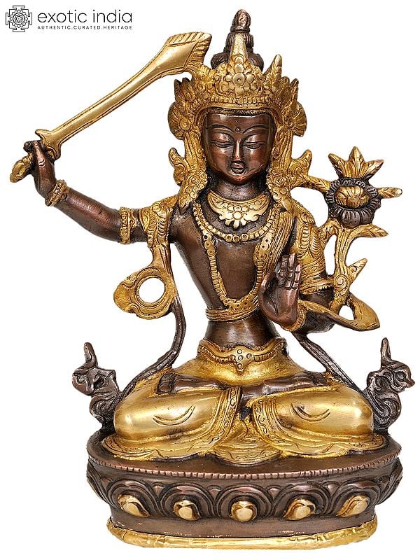 8" Tibetan Buddhist Deity Manjushri In Brass | Handmade | Made In India