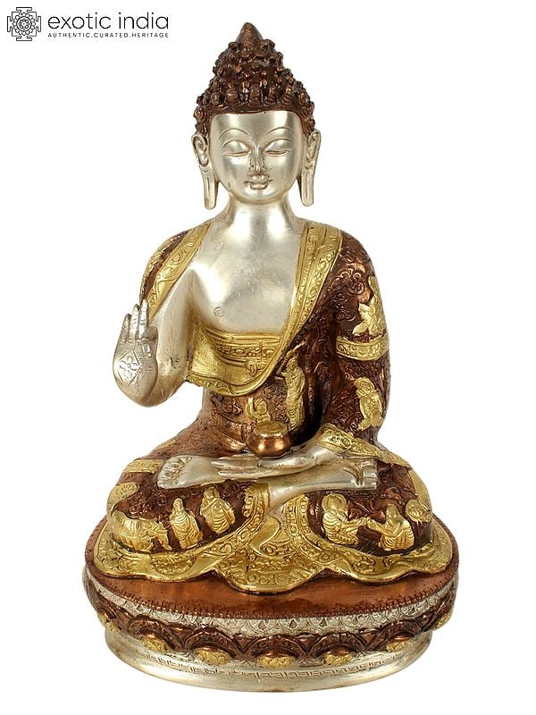 13" Buddha Seated on an Ornate Pedestal | Handmade Brass Statue