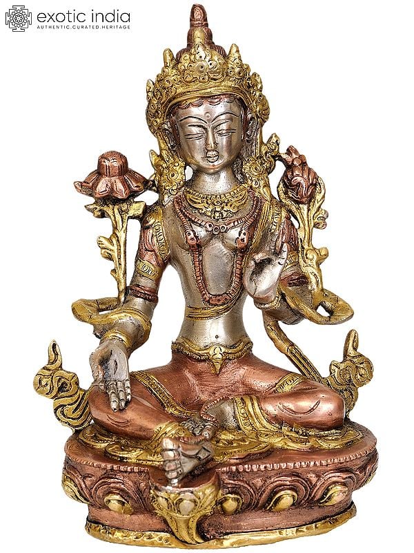 8" Tibetan Buddhist Goddess Green Tara In Brass | Handmade | Made In India