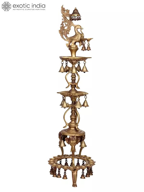 41" Large Size Peacock Lamp with Hanging Bells and Ghungaroos in Brass | Handmade | Made in India