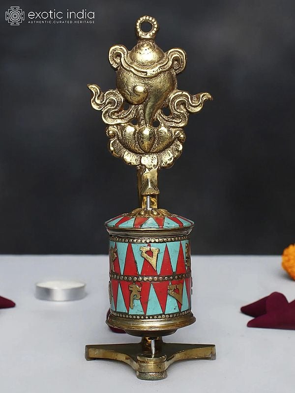 7" Tibetan Buddhist Prayer Wheel with Umbrella (Ashtamangala) in Brass