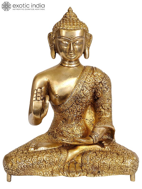 8" Lord Buddha in Vitarka Mudra (Robes Decorated with Scrolls) In Brass | Handmade | Made In India