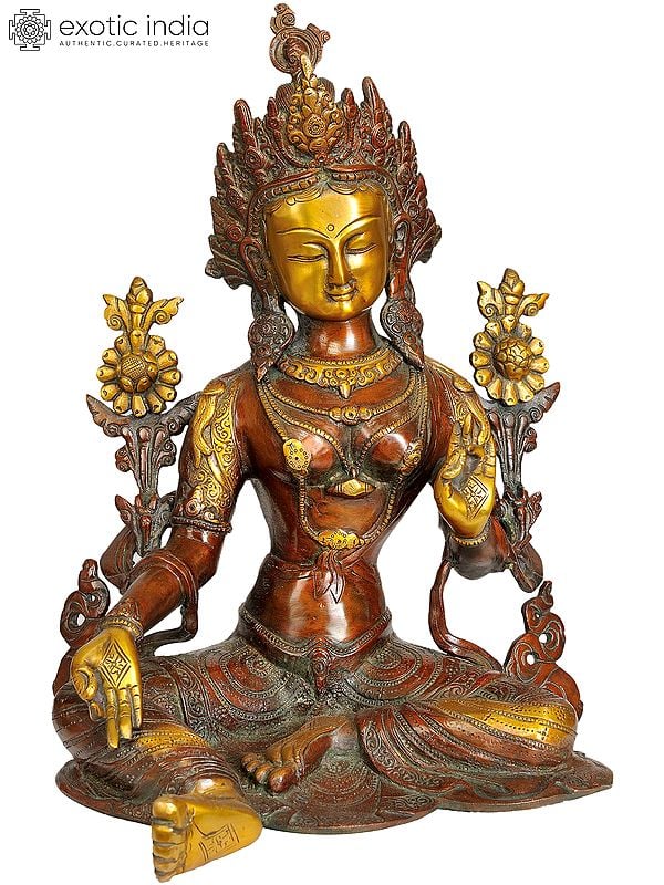 14" Tibetan Buddhist Deity Green Tara In Brass | Handmade | Made In India