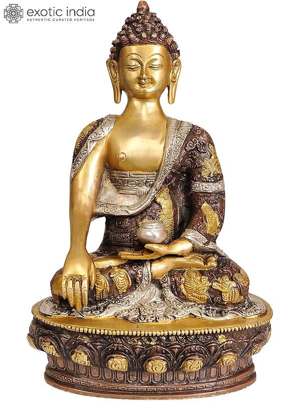 11" Lord Buddha in the Bhumisparsha Mudra (Robes Decorated with Scenes from the Life of Buddha) In Brass | Handmade | Made In India