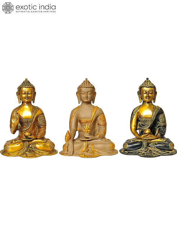 10" Tibetan Buddhist Deities Set of Three Buddhas In Brass | Handmade | Made In India