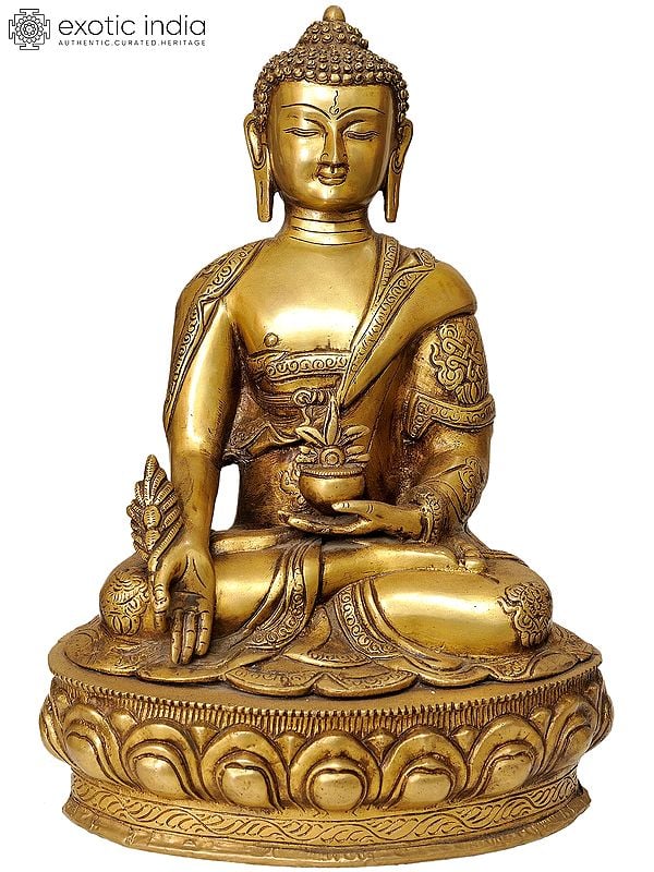 15" Tibetan Buddhist Deity Medicine Buddha (Robes Decorated with Auspicious Symbols) In Brass | Handmade | Made In India