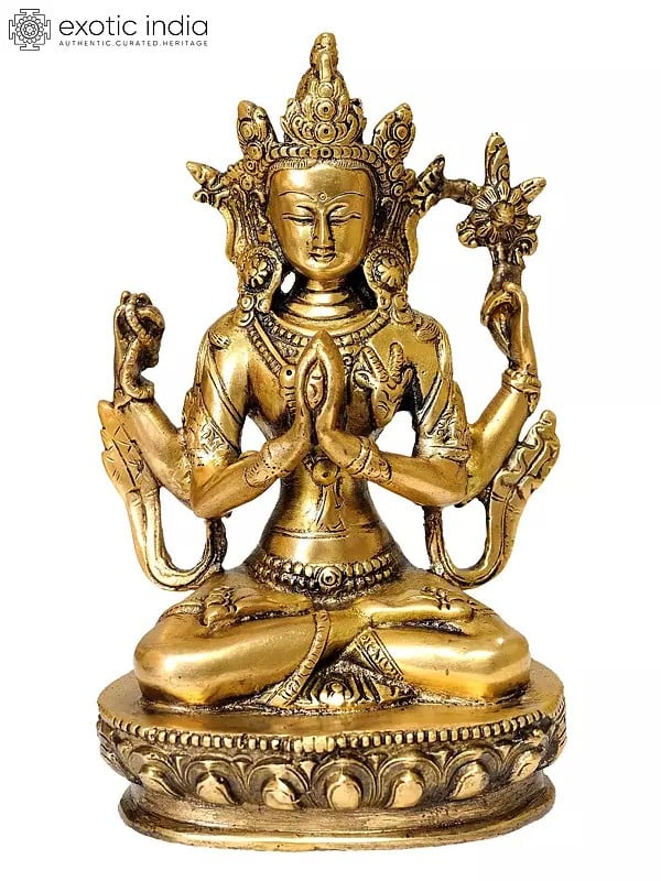 8" Buddhist Deity Chenrezig Brass Statue (Four Armed Avalokiteshvara) | Handmade | Made in India