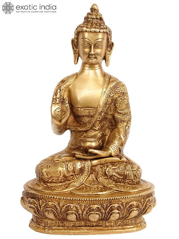 10" Buddha in The Vitarka Mudra (Robes Decorated with the Scenes of His Life) In Brass | Handmade | Made In India