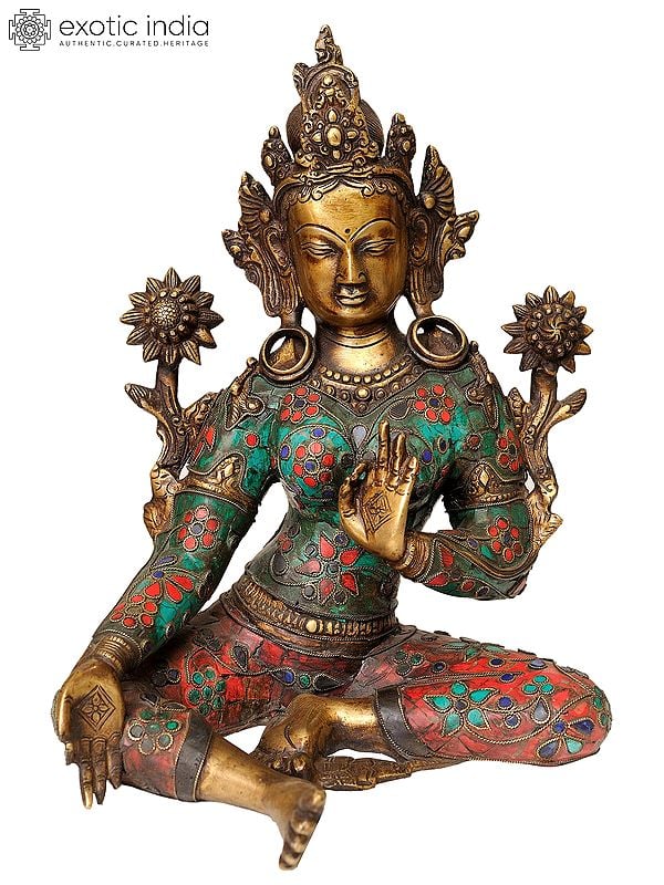 12" Inlay Tibetan Buddhist Goddess Green Tara In Brass | Handmade | Made In India