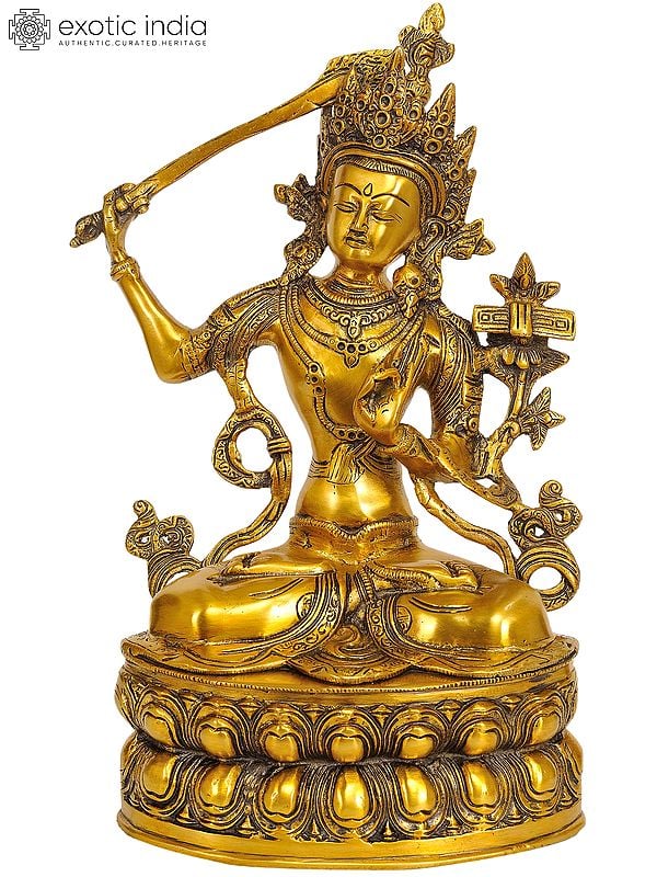 14" Manjushri - Bodhisattva of Transcendent Wisdom In Brass | Handmade | Made In India