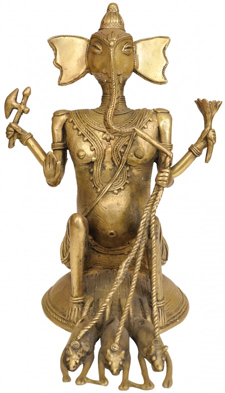 Lord Ganesha Riding a Three Mice Chariot (Folk Statue From Bastar)