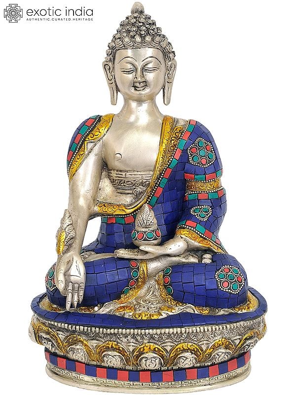 11" Tibetan Buddhist Deity Lapis Buddha of Healing (Medicine Buddha) In Brass | Handmade | Made In India