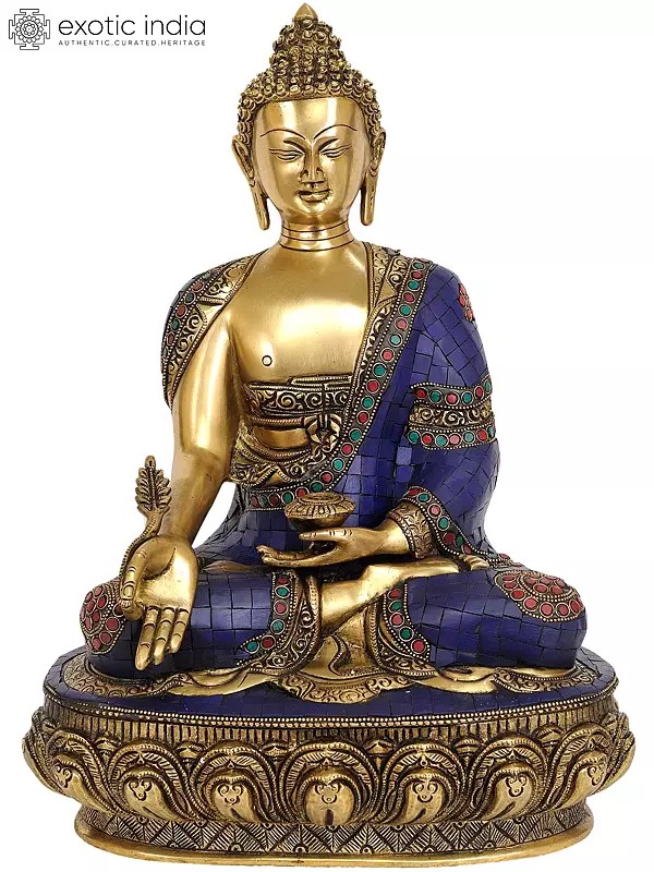 16" Tibetan Buddhist Deity Lapis Buddha of Healing (Medicine Buddha) In Brass | Handmade | Made In India