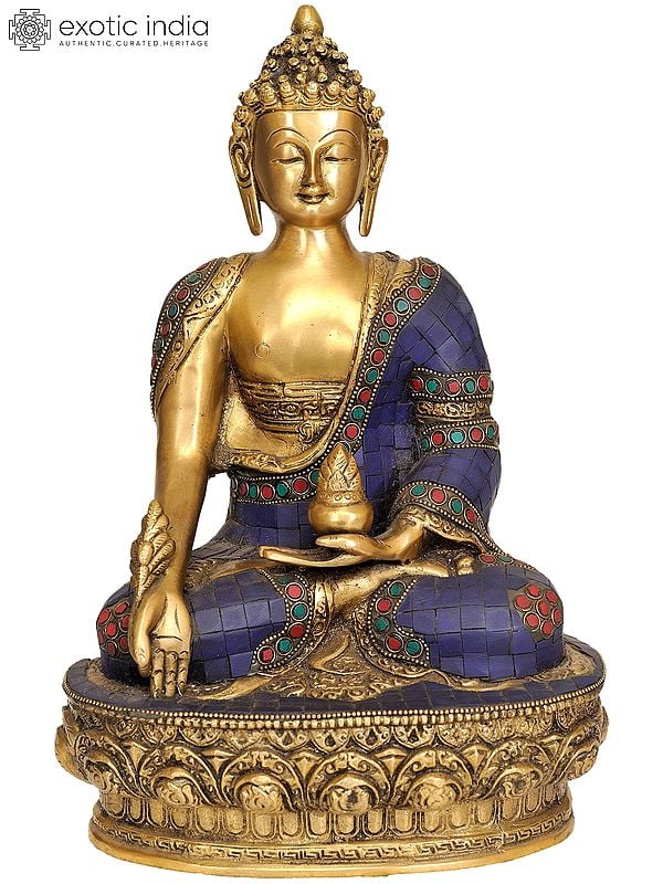 13" Lapis Buddha of Healing (Tibetan Buddhist Medicine Buddha) In Brass | Handmade | Made In India