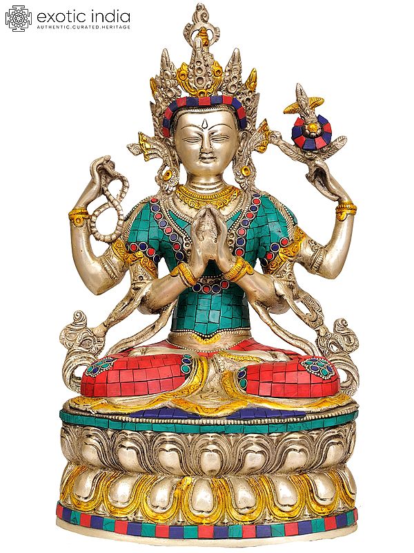 14" Tibetan Buddhist Deity- Chenrezig Shadakshari Lokeshvara In Brass | Handmade | Made In India