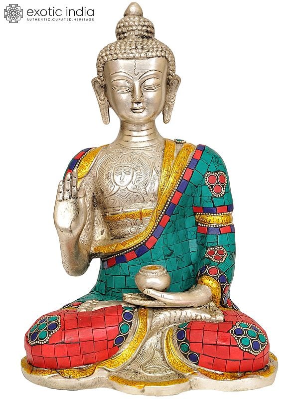 10" Blessing Buddha with Inlay Work In Brass | Handmade | Made In India