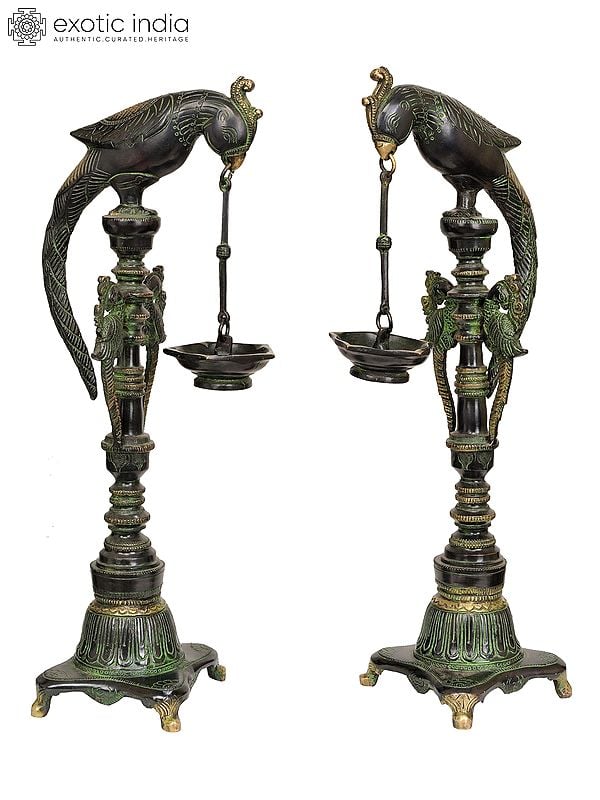 16" Pair of Parrots Lamp in Brass | Handmade | Made in India