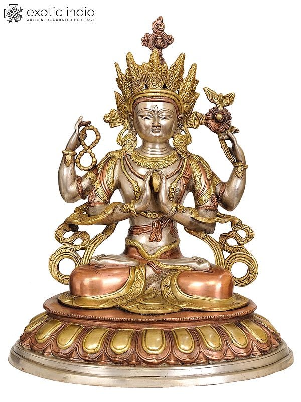 18" Chenrezig- Four Armed Avalokiteshvara (Tibetan Buddhist Deity) In Brass | Handmade | Made In India