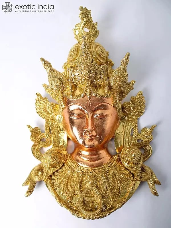 15" Superbly Detailed Green Tara Wall-Hanging Mask | Brass | Handmade | Made In India