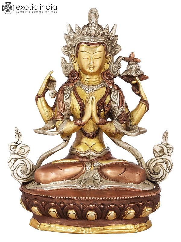 8" Tibetan Buddhist Deity Chenrezig Brass Statue (Shadakshari Lokeshvara) | Handmade | Made in India