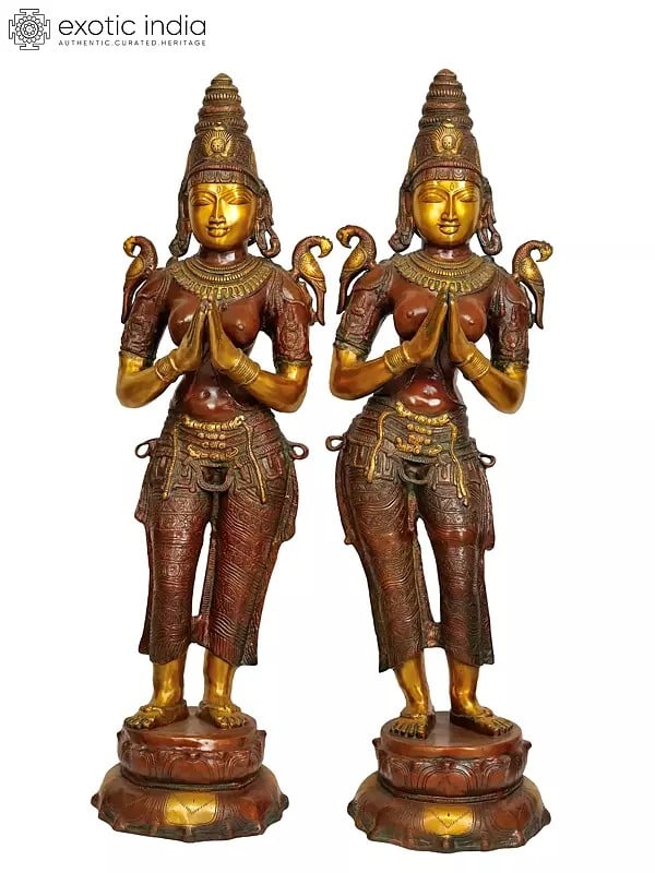 45" A Pair of Namaste Ladies in Welcome (Large Size) In Brass | Handmade | Made In India