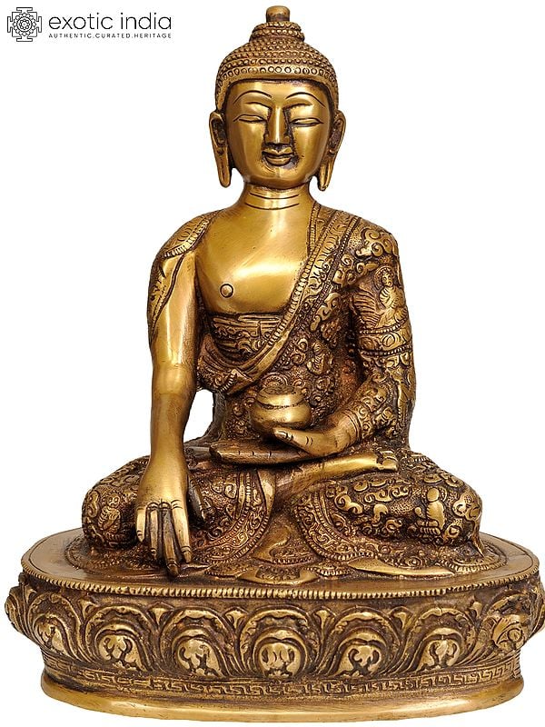 9" Lord Buddha in Bhumisparsha Mudra (Robes Decorated with the Scenes from His Life) In Brass | Handmade | Made In India