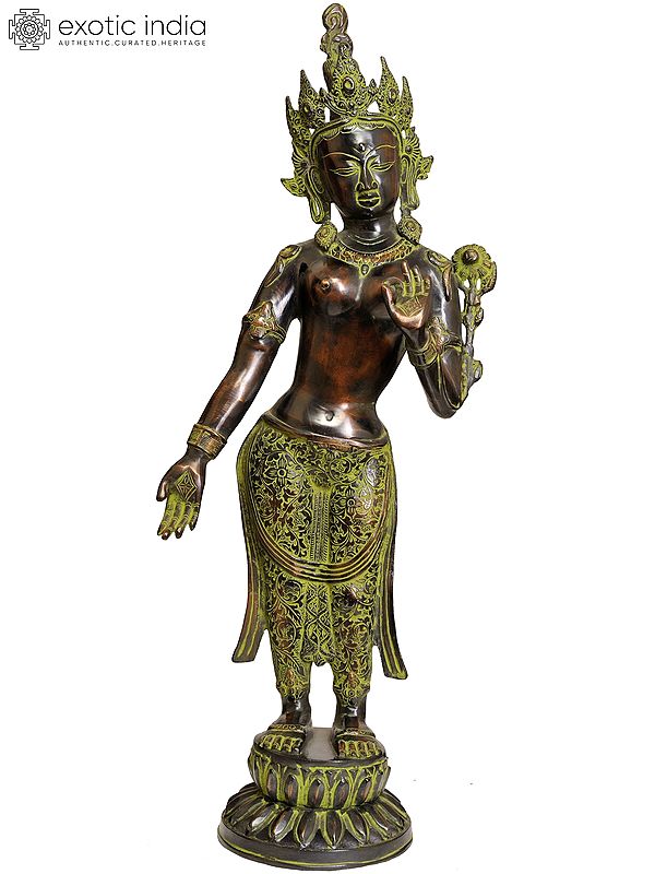 30" Large Size Standing Goddess Tara (Tibetan Buddhist Deity) In Brass | Handmade | Made In India