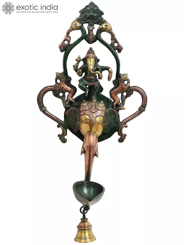 16" Dancing Ganesha Wall Hanging Lamp with Bell and Kirtimukha In Brass | Handmade | Made In India